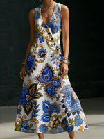 Casual Floral Print V-neck Sleeveless Button-up Maxi Dress