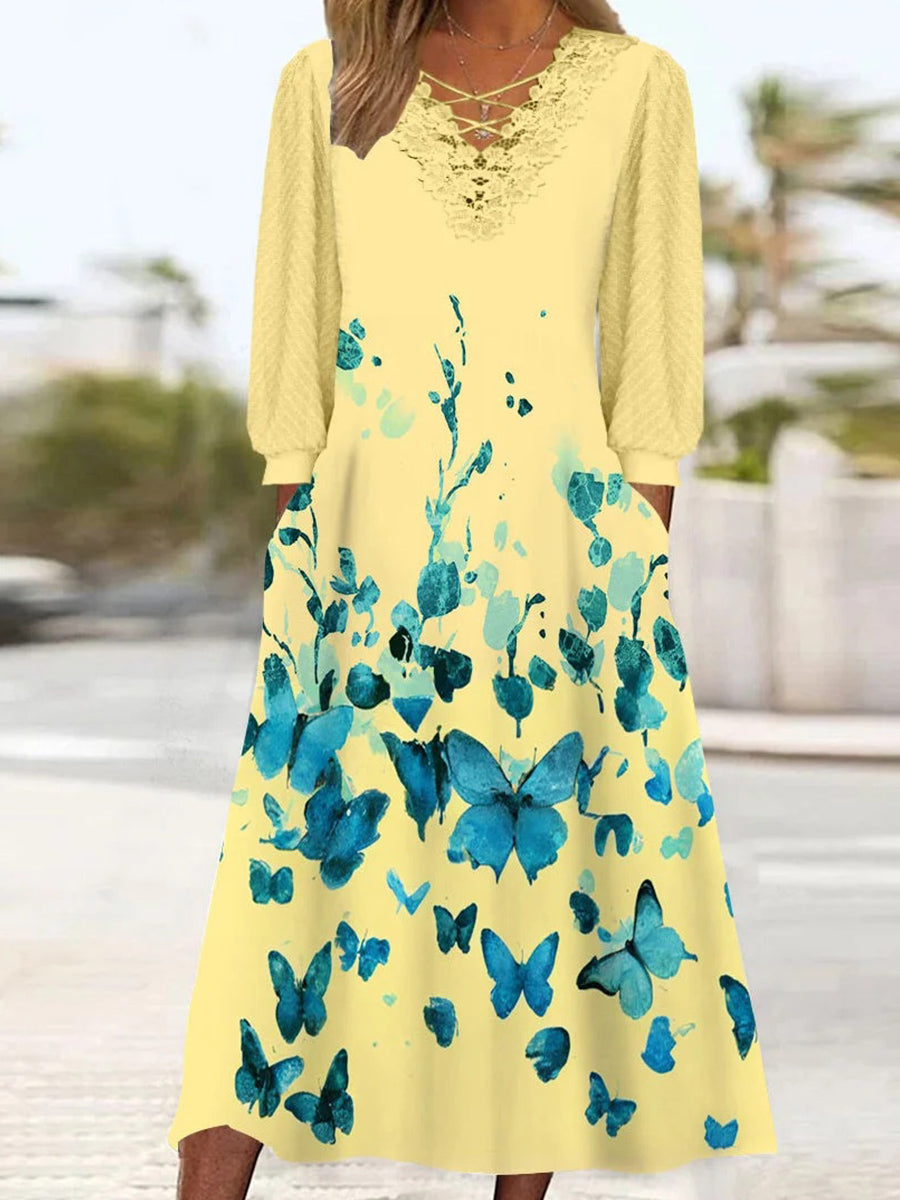 Women's Long Sleeve V-neck Graphic Printed Lace Stitching Midi Dress