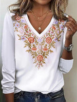 Chic Floral Print V-Neck Long Sleeve White Top