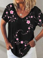 Casual Black Floral Printed Short Sleeve T-Shirt