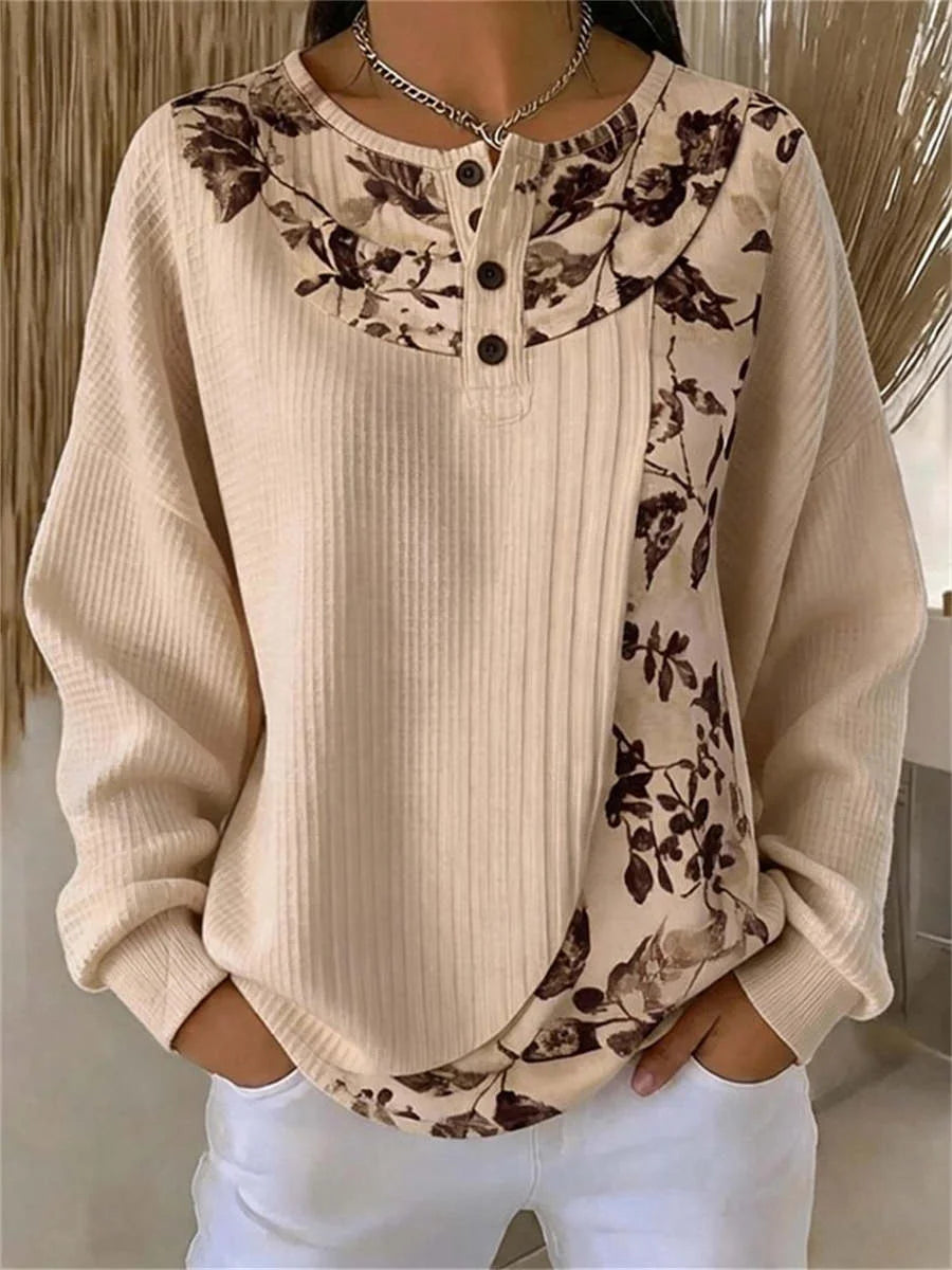 Casual Floral Henley Collar Long Sleeve Sweatshirt