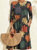 Crew Neck 3/4 Sleeve Leaf Print Loose Fit Midi Dress