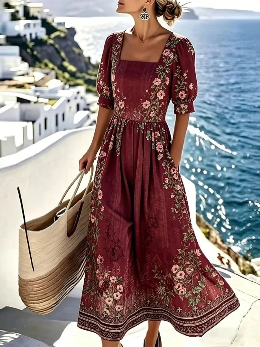 Maroon Floral Border Print Square Neck Puff Sleeve Midi Dress
