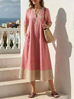Color-block V-neck Half Sleeve Midi Dress