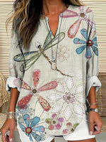 Retro Floral Dragonfly Print V-neck Long Sleeve Top