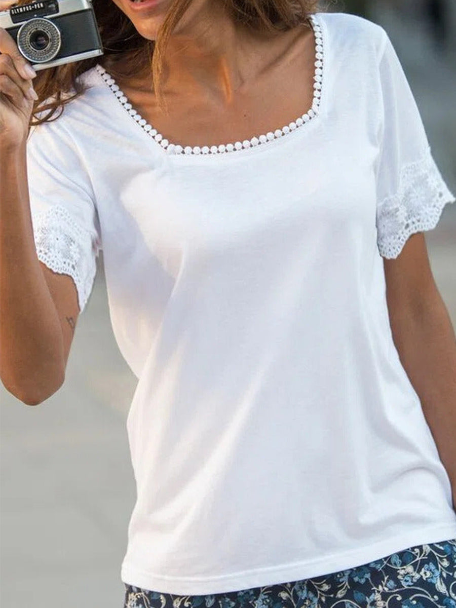 Square Neck Solid Lace Basic T-Shirt/Tee