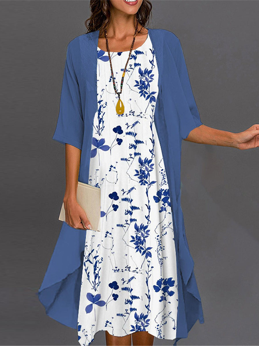 Crew Neck Half Sleeve Floral Two Piece Midi Dress