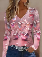 Vintage Heart Print V-neck Long Sleeve T-Shirt