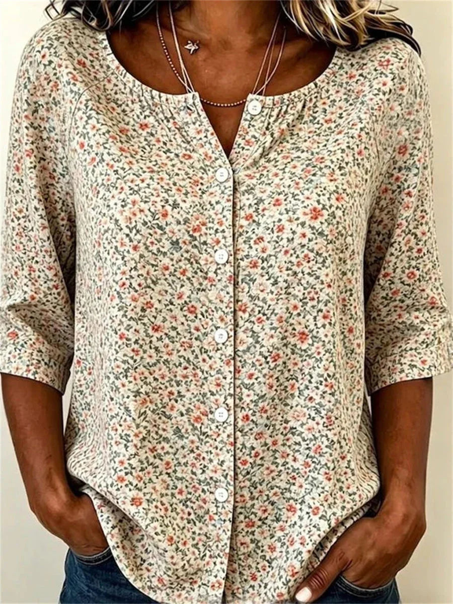 Vintage Floral Print 3/4 Sleeve Blouse