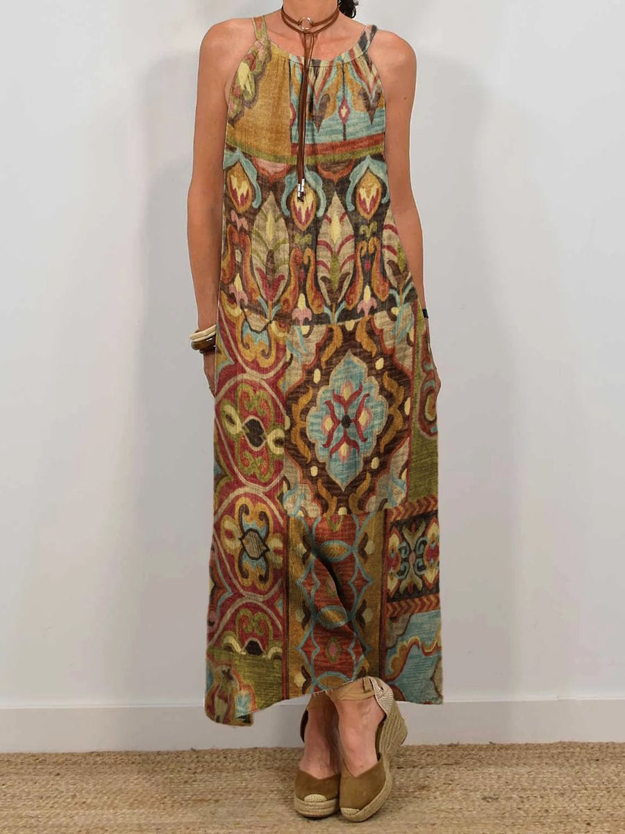 Women's Vintage Ethnic Collage Art Print Sleeveless Pocket Dress
