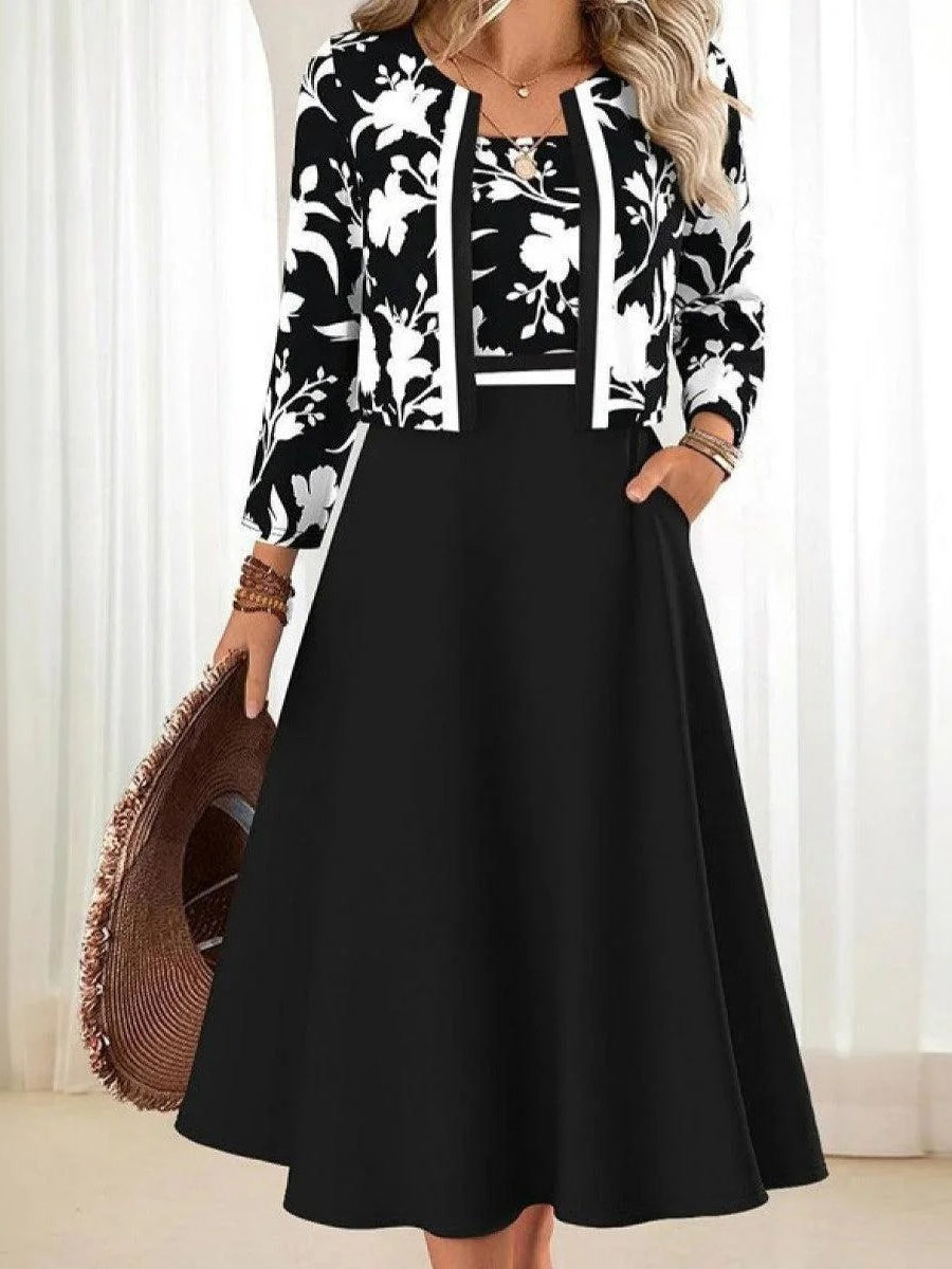 Cool Black Midi Round Neck Long Sleeve Dress With Jacket
