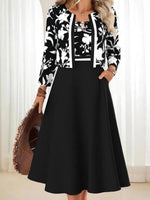 Cool Black Midi Round Neck Long Sleeve Dress With Jacket