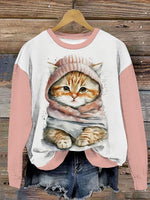 Casual Crew Neck Cat Sweatshirt