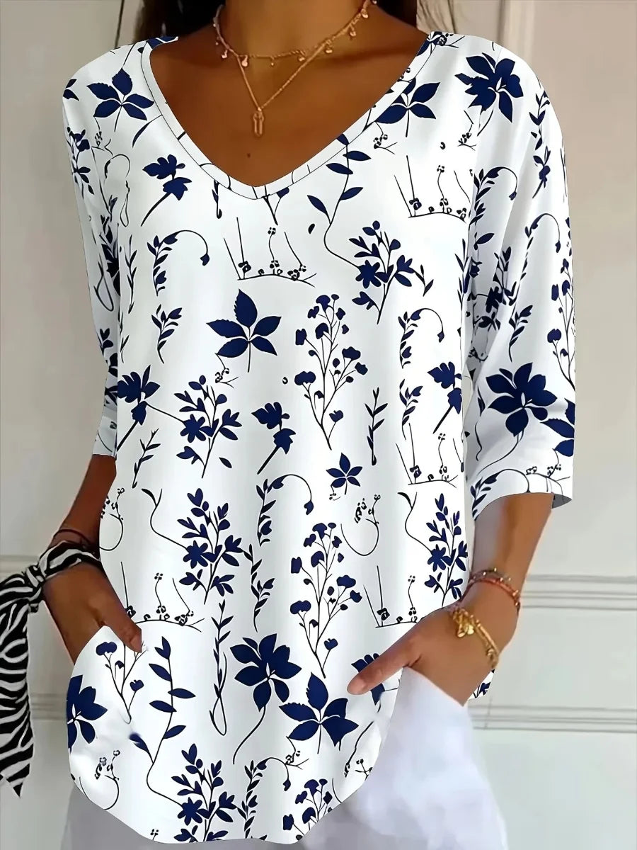 Casual Floral V Neck 3/4 Sleeve T-shirt