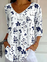 Casual Floral V Neck 3/4 Sleeve T-shirt