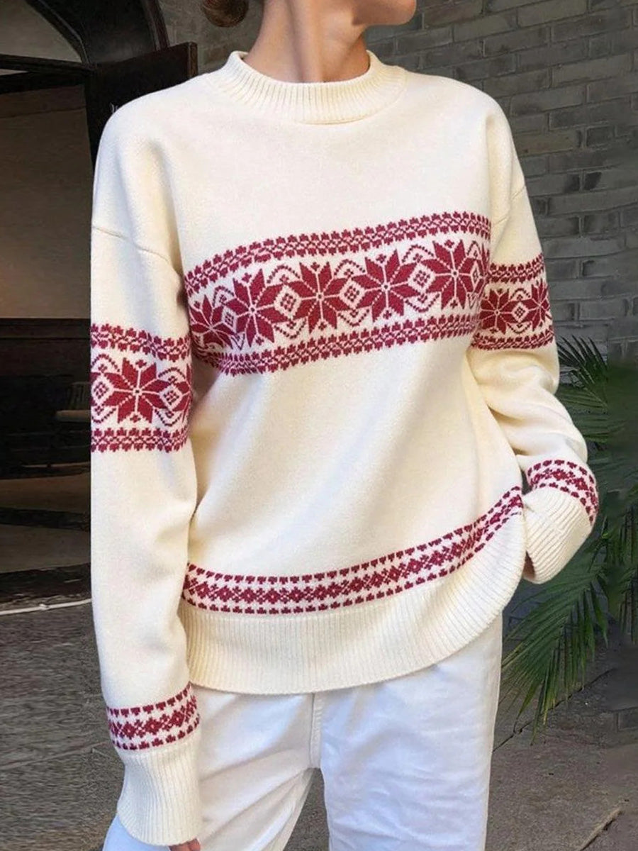 Groovy Snowflake Print Round Neck Long Sleeve Sweater