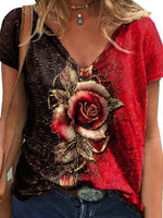 Women?ˉs V-neck Short Sleeve Color Block Rose Print Casual T-shirt