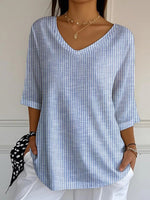 Blue V-neck 3/4 Sleeve Striped Top