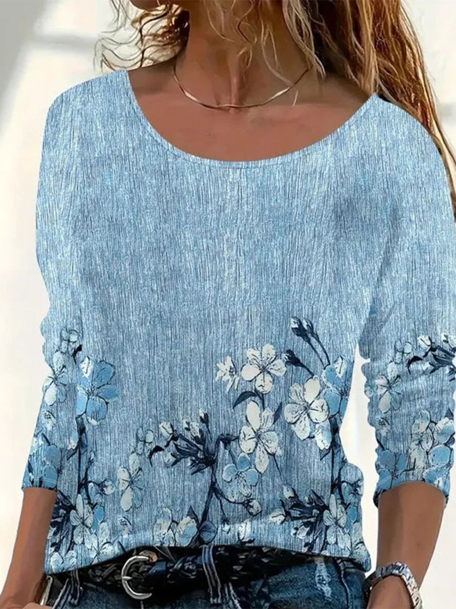 Vintage Floral Print Round Neck Long Sleeve T-Shirt