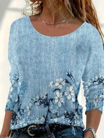 Vintage Floral Print Round Neck Long Sleeve T-Shirt