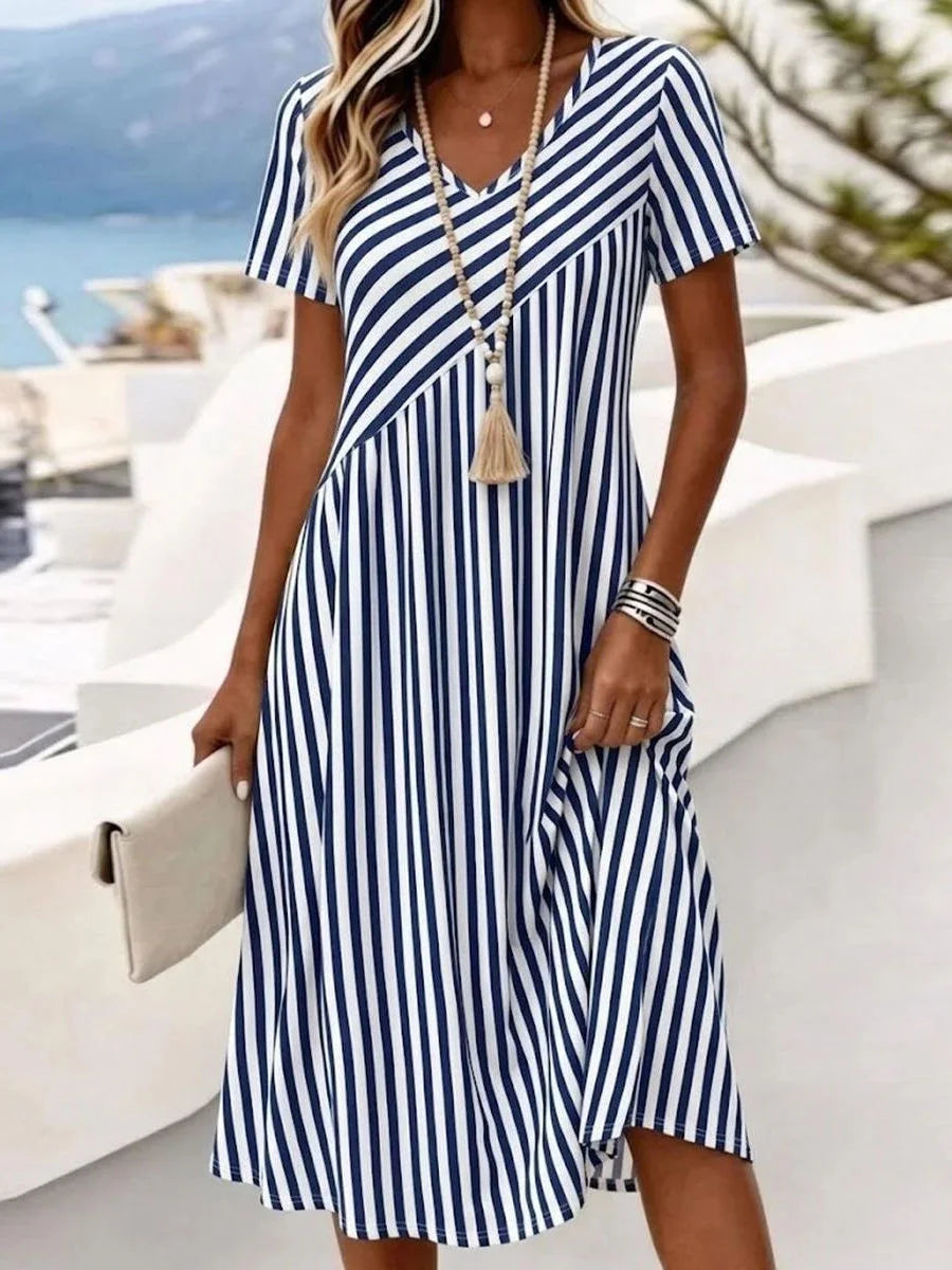 Navy Diagonal Stripe V Neck Short Sleeve Loose Midi Dress