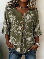 Olive Green Floral Print Ruffle-Sleeve V-Neck Blouse