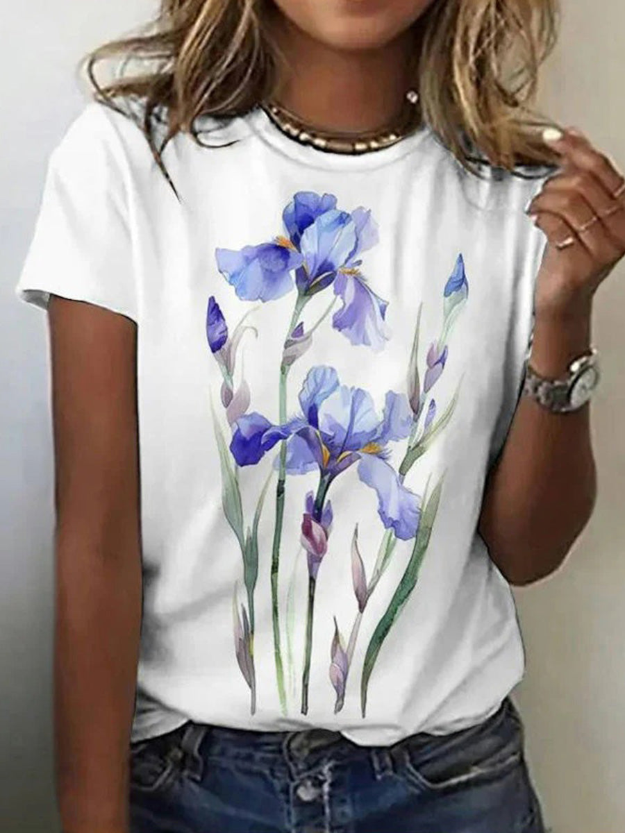 Casual Floral Print Round Neck Short Sleeve T-Shirt