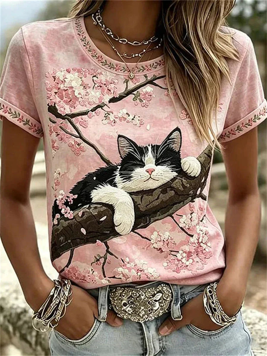 Vintage Floral Print Round Neck Short Sleeve T-Shirt