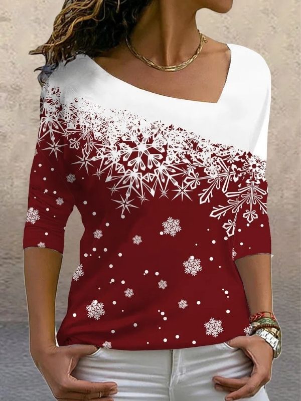 Red Casual Graphic Tops V-neck Long Sleeve Snowflske Printed Xmas Sweatshirt