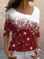 Red Casual Graphic Tops V-neck Long Sleeve Snowflske Printed Xmas Sweatshirt