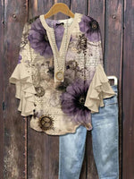 Vintage Floral Print V-neck Half Sleeve Blouse