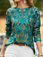 Green Casual Round Neck Printed Long Sleeve Blouse