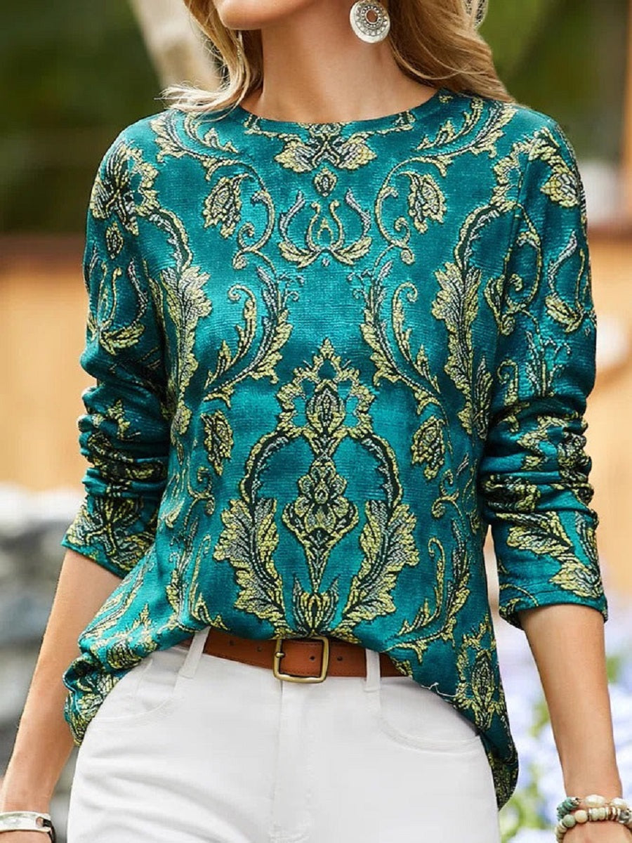 Green Casual Round Neck Printed Long Sleeve Blouse