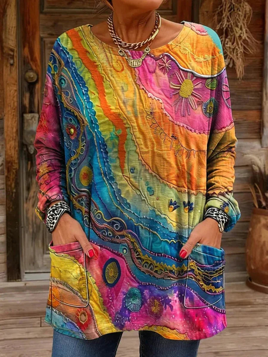 Vintage Colourful Round Neck Long Sleeve Blouse