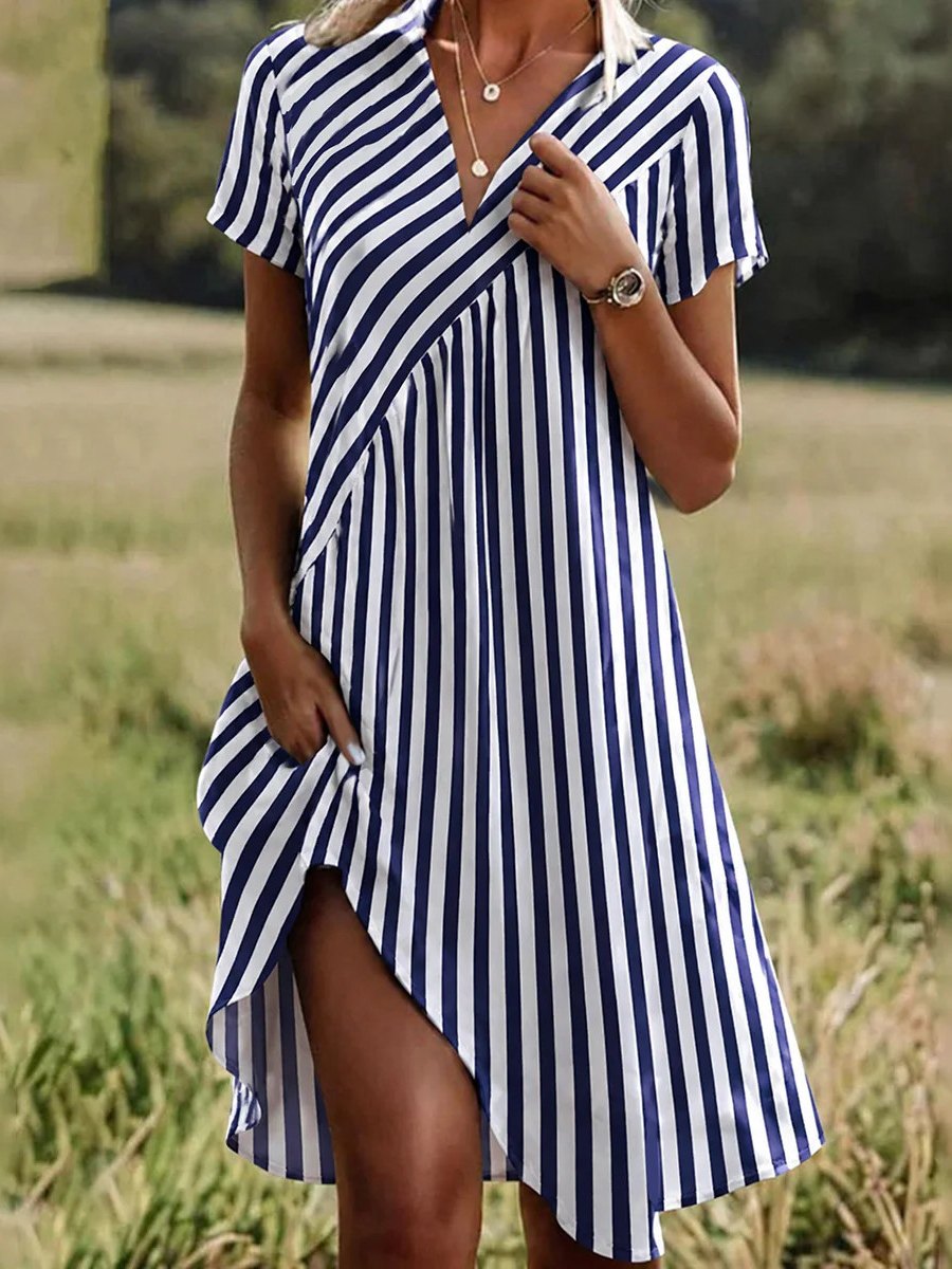 Mixed Diagonal Vertical Stripe Short Sleeve Asym Hem Midi Dress