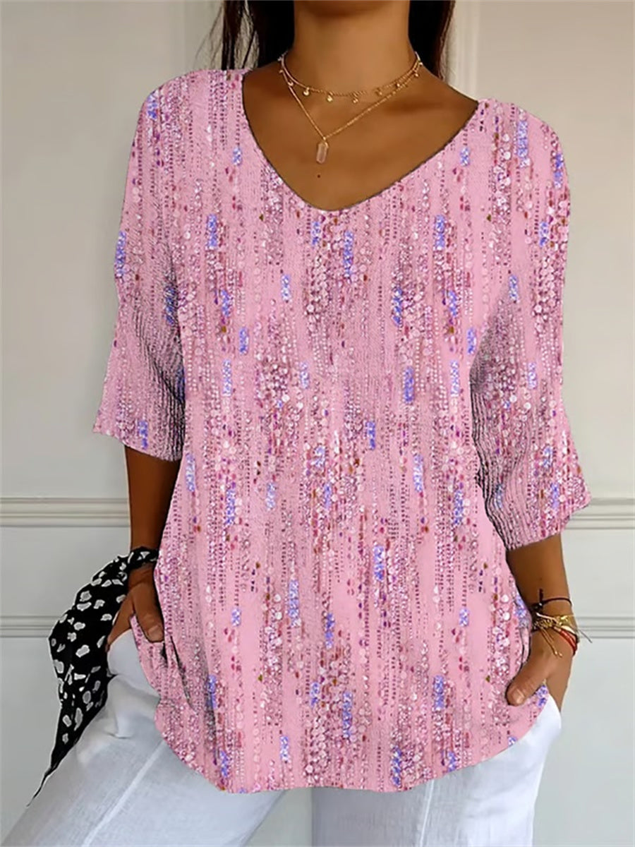 Women's Artistic Design Printed Casual V-Neck 3/4 Sleeve T-Shirt