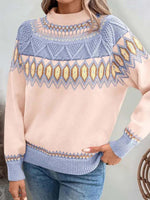 Pink Geometric Round Neck Long Sleeve Sweater