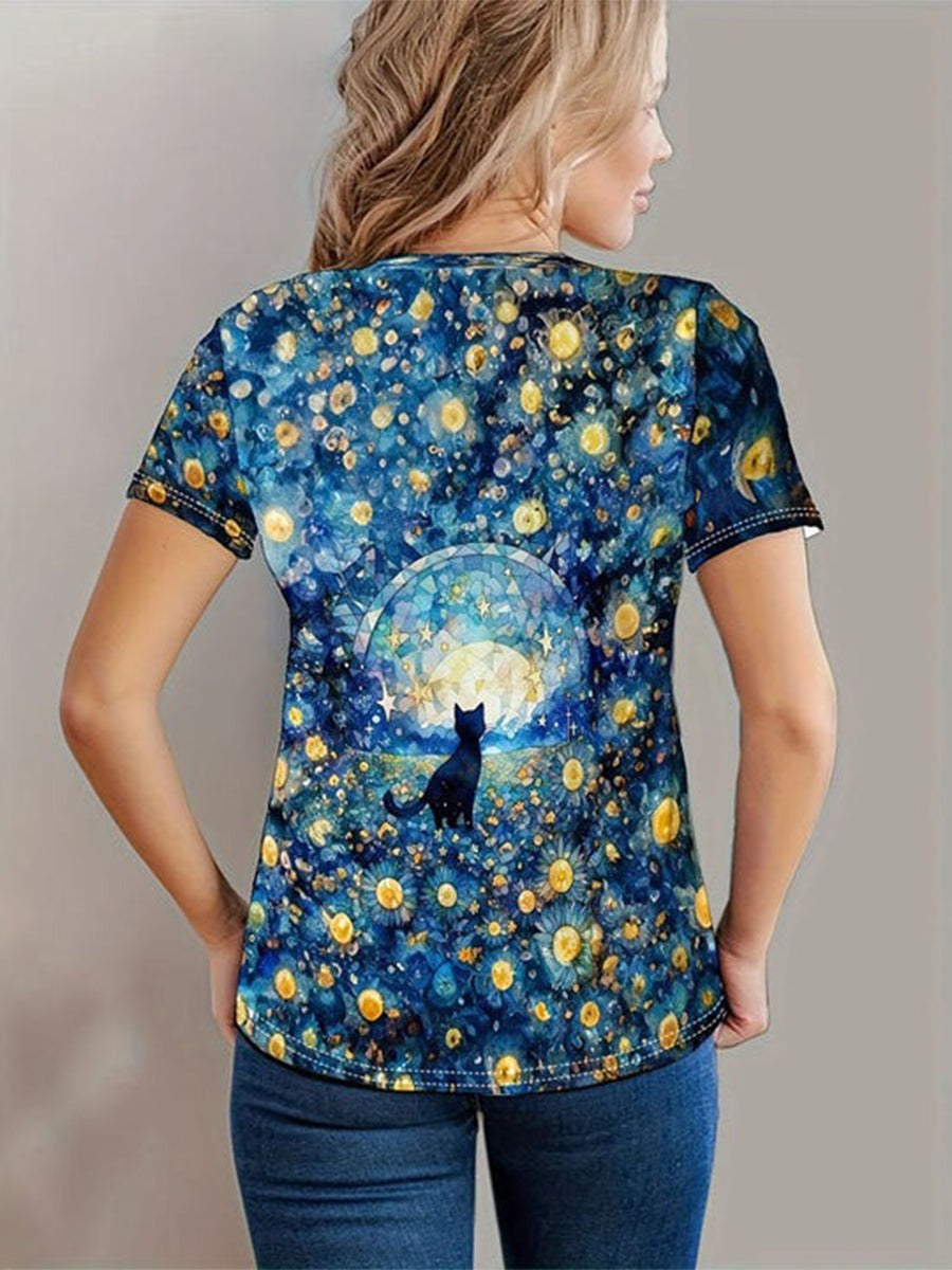 Blue Creative Cat Print T-Shirt