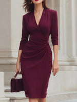 Elegant V-neck Long Sleeve Plain Mini Dress