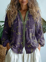 Vintage Leaf Print V-neck Long Sleeve Blouse