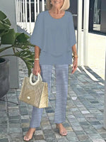 Blue Striped Print Round Neck 3/4 Sleeve Two Piece Set