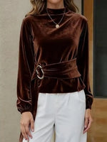 Coffee Velvet Long Sleeve Plain Top