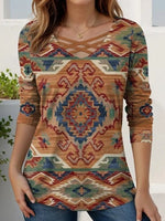 Vintage Ethnic Print V Neck Long Sleeve Top