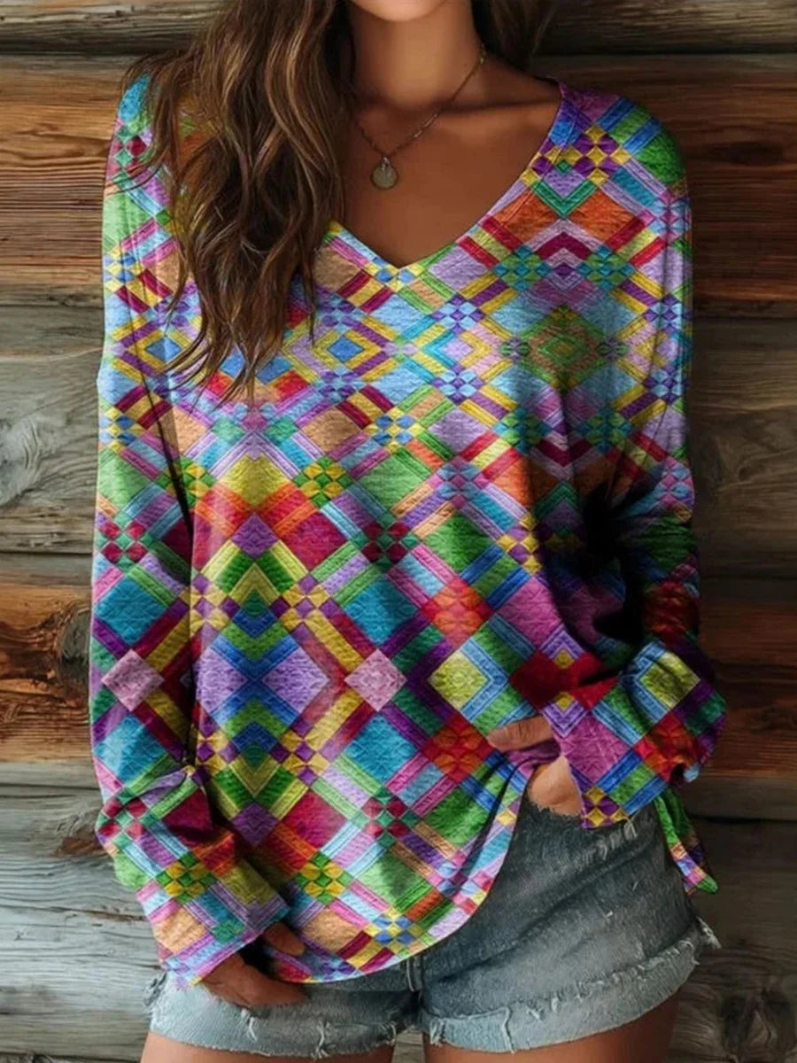 Casual Colourful V-neck Long Sleeve T-Shirt
