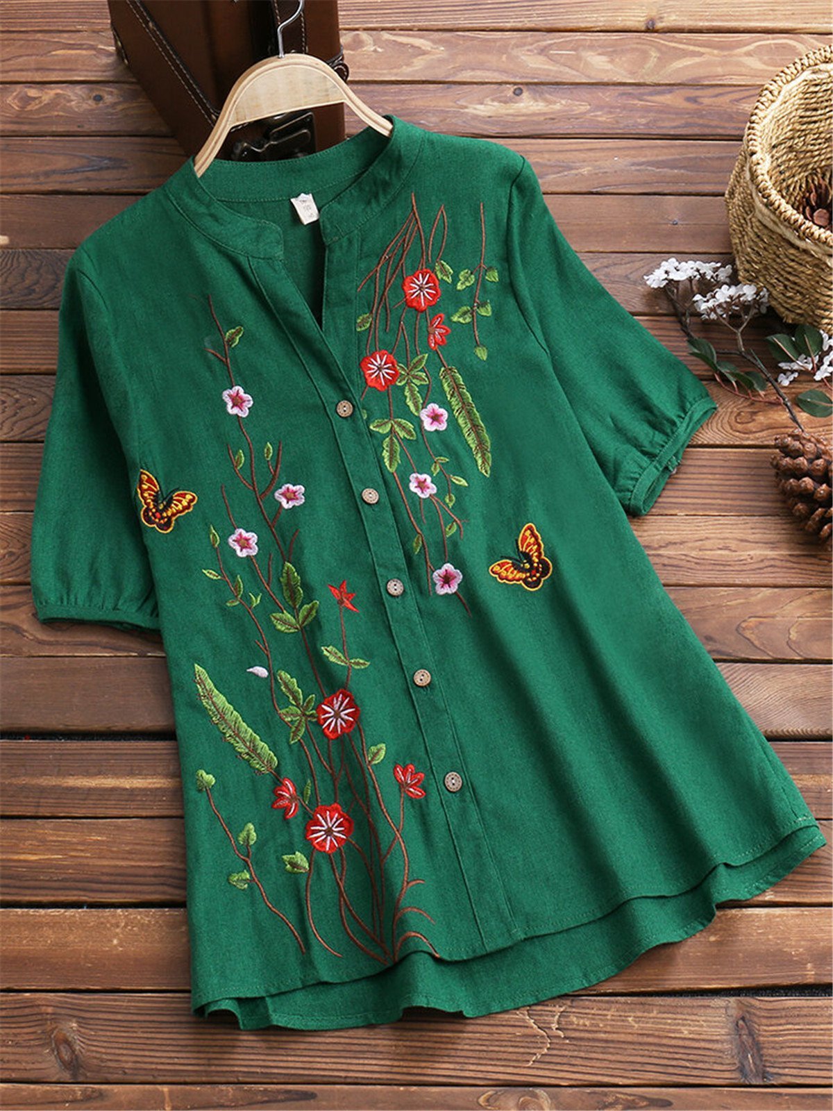 Cotton Floral Print Casual V-neck Short Sleeve Blouse