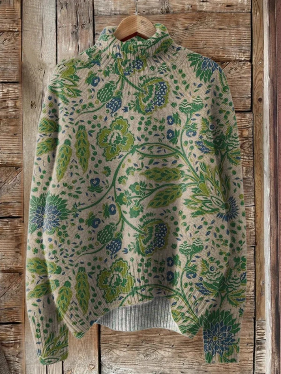 Floral Art Print Knitted Turtleneck Sweater