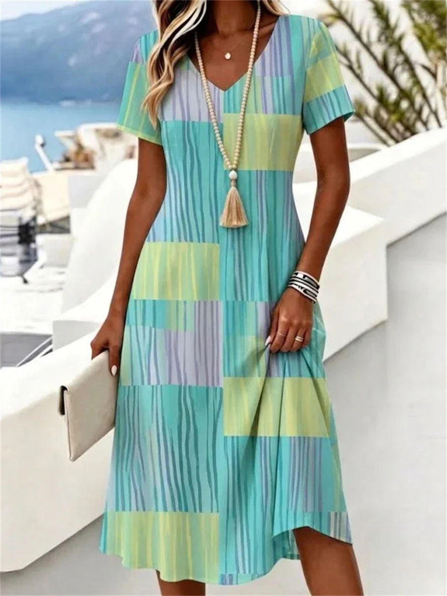 Casual Colour Block V-neck Short Sleeve Dress