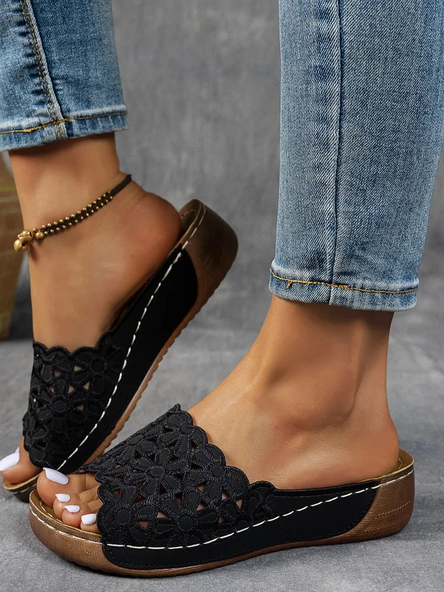 Vintage Floral Slip On Low Heel Slide Sandals