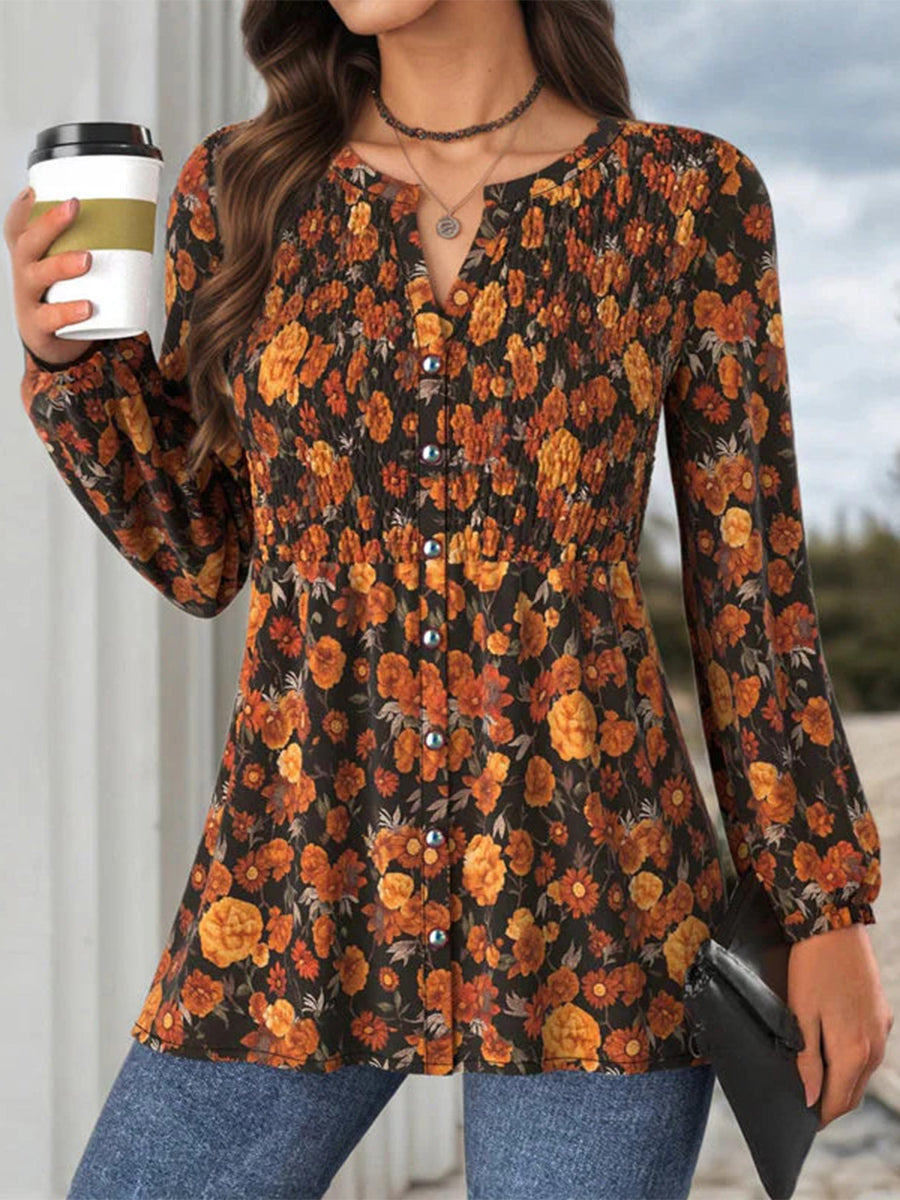 Vintage Floral Print V-neck Long Sleeve Blouse
