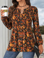 Vintage Floral Print V-neck Long Sleeve Blouse